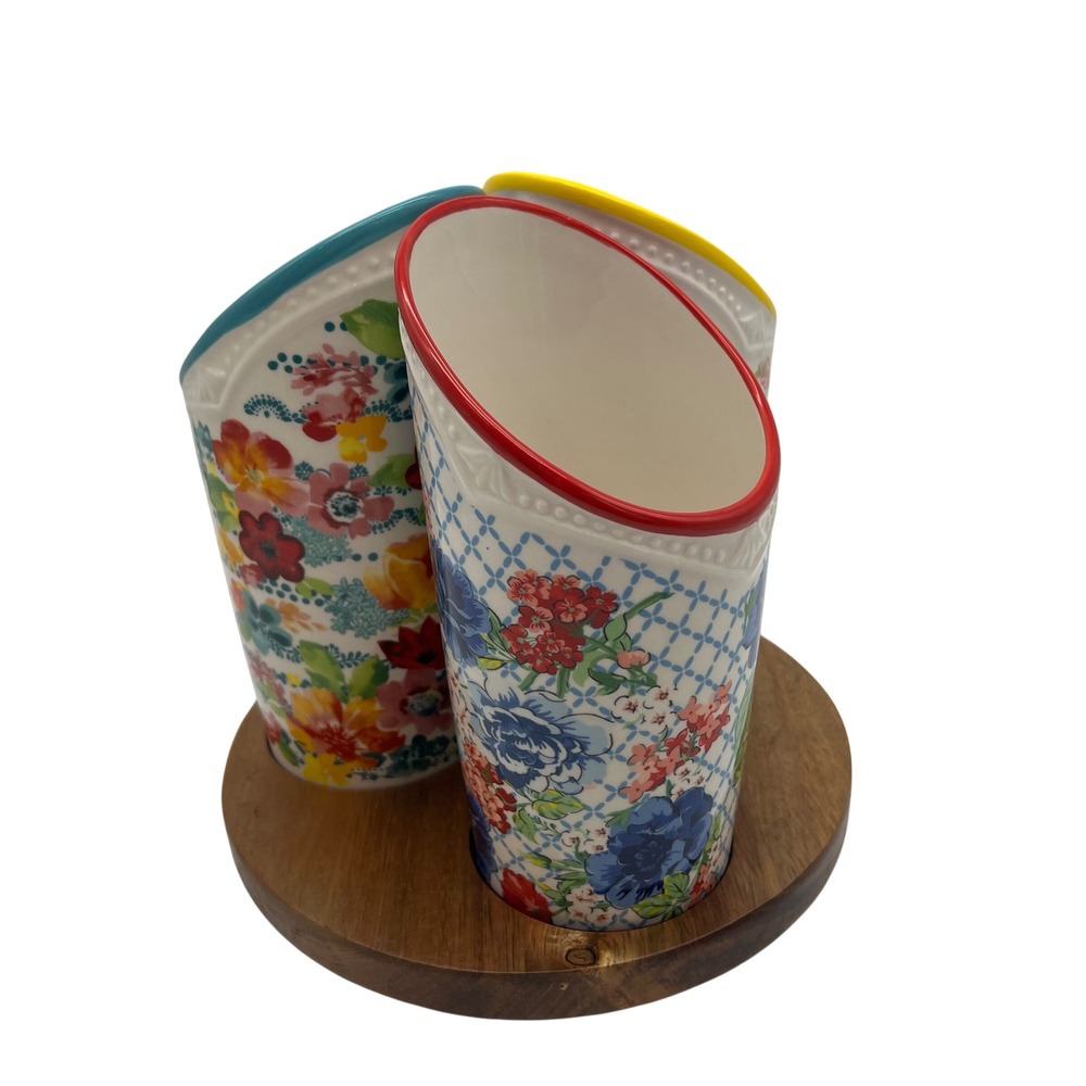 Pioneer Woman Floral Medley 3 Compartment Stoneware Utensil Holder Lazy Susan